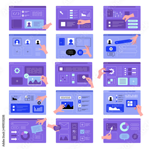 Hands ui programming. Designers creating app interfaces web templates marketing set recent vector illustrations uix
