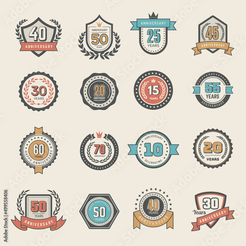 Anniversary dates. Badges with numbers for celebration dates recent vector emblems collection