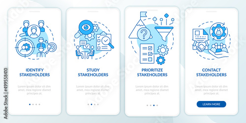 Steps of stakeholder relations blue onboarding mobile app screen. Walkthrough 4 steps graphic instructions pages with linear concepts. UI, UX, GUI template. Myriad Pro-Bold, Regular fonts used