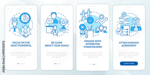 Stakeholders engagement blue onboarding mobile app screen. Walkthrough 4 steps graphic instructions pages with linear concepts. UI, UX, GUI template. Myriad Pro-Bold, Regular fonts used