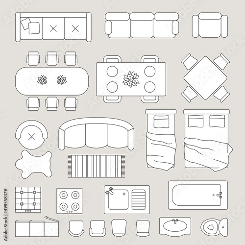 Planning interior scheme. Bedroom kitchen toilet inside design planning furniture decoration top view recent vector drawing pictures