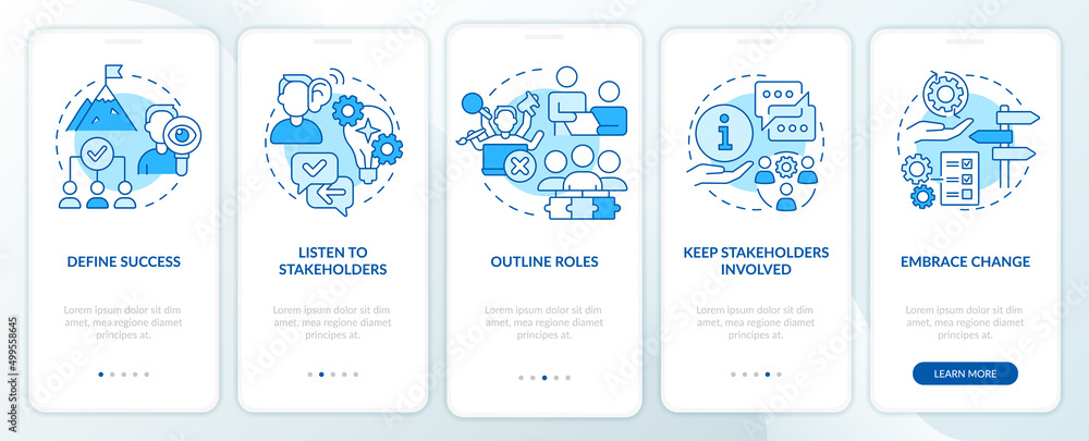 Effective stakeholder management blue onboarding mobile app screen. Walkthrough 5 steps graphic instructions pages with linear concepts. UI, UX, GUI template. Myriad Pro-Bold, Regular fonts used