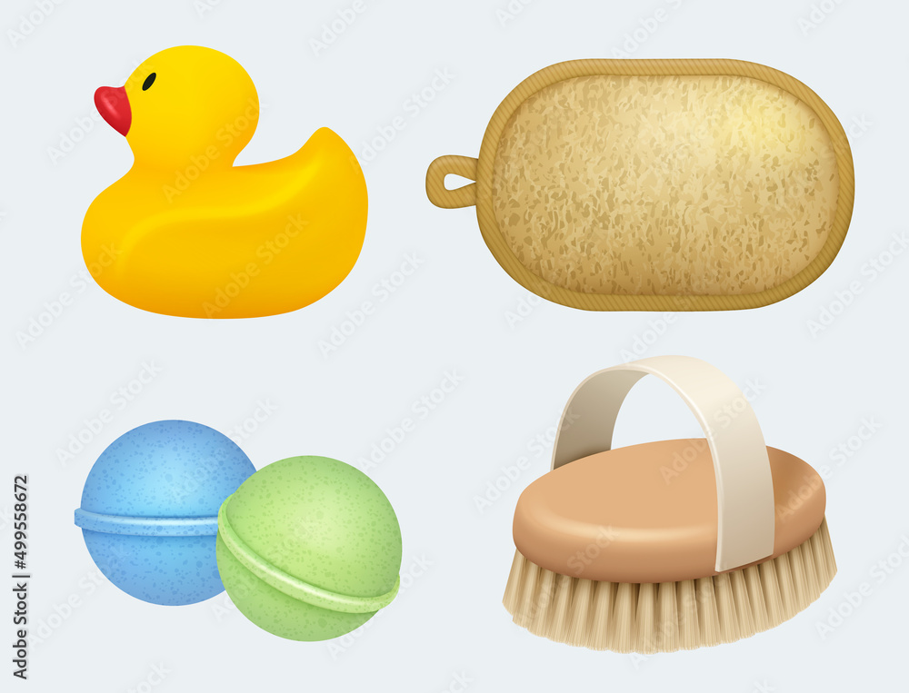 Bath tools. Self hygiene symbols washing tools cream shampoo washcloth soap decent vector realistic pictures templates Bath tools. Self hygiene symbols washing tools cream shampoo washcloth soap decent vector realistic pictures templates