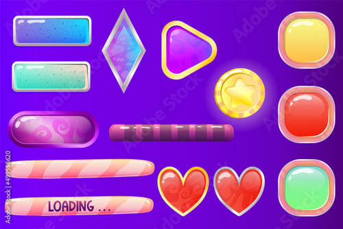 Space button set for web design 2d and game. Vector illustration element space kit. Button, Loading bar, heart, coin and crystal in the game set. Mobile play assets. Cartoon comic style.