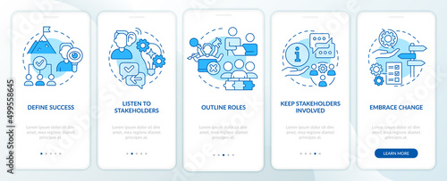Effective stakeholder management blue onboarding mobile app screen. Walkthrough 5 steps graphic instructions pages with linear concepts. UI, UX, GUI template. Myriad Pro-Bold, Regular fonts used