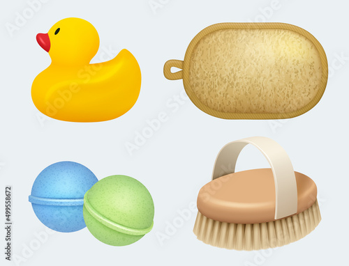 Bath tools. Self hygiene symbols washing tools cream shampoo washcloth soap decent vector realistic pictures templates