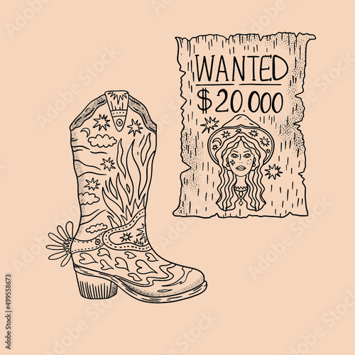 A large set of Wild West, vector illustration, hand-drawn. Girl, horse, heart, horseshoe, boots and much more