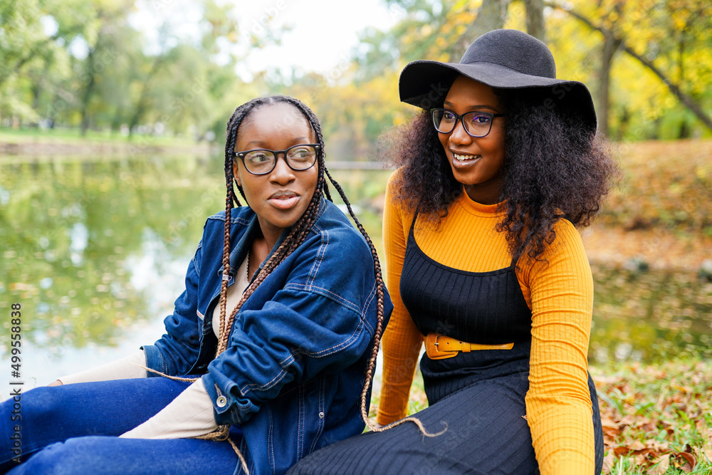 attractive dark skin ladies have good mood free time weekend outdoors