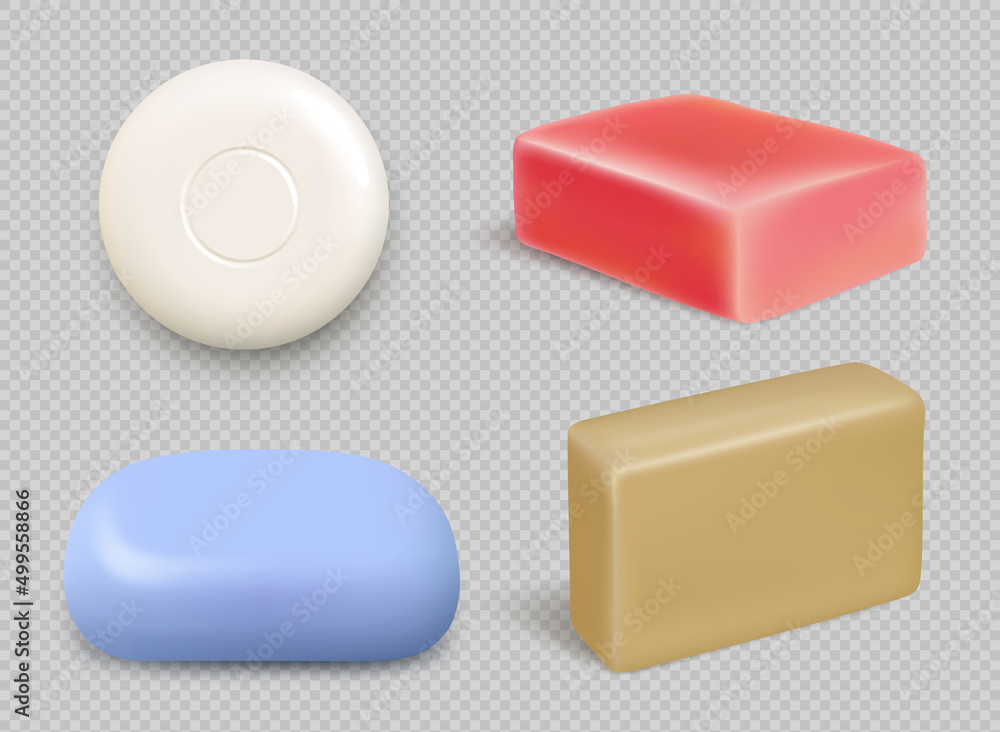 Realistic soap. Bathing hygienic items for self cleaning hand washing tools decent vector soap colored set Realistic soap. Bathing hygienic items for self cleaning hand washing tools decent vector soap colored set