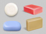 Realistic soap. Bathing hygienic items for self cleaning hand washing tools decent vector soap colored set