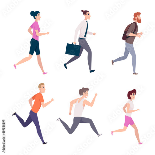 Running people. Marathon runners sport exercises jogging healthy activity lifestyle athletic runners exact vector cartoon illustrations