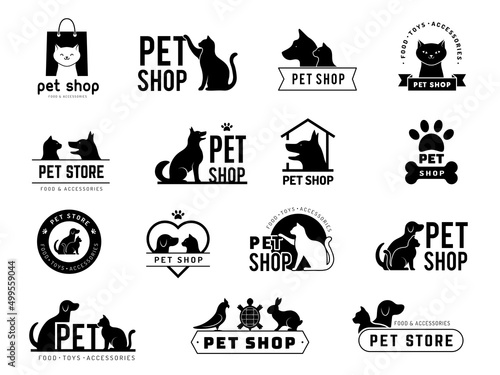Pet shop badges. Domestic animals dogs cats stylized symbols for zoo market recent vector pictures set isolated