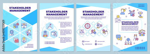 Stakeholder management brochure template. Effective cooperation. Leaflet design with linear icons. 4 vector layouts for presentation, annual reports. Arial-Black, Myriad Pro-Regular fonts used