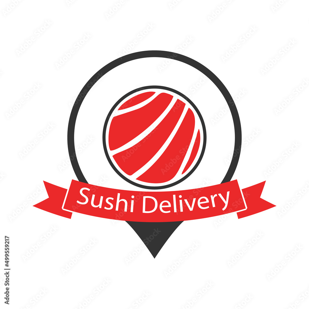 Sushi delivery logo template. A sushi roll sign in the shape of a location symbol.