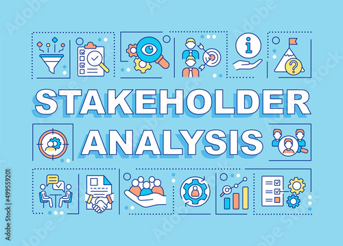 Stakeholder analysis word concepts blue banner. Potential partners. Infographics with icons on color background. Isolated typography. Vector illustration with text. Arial-Black font used