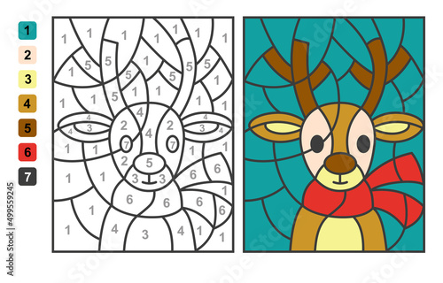 Derr. Color by numbers. Puzzle game for children education, colors for drawing and learning mathematics