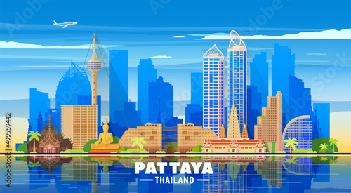 Pattaya ( Thailand ) skyline with panorama in color background. Vector Illustration. Business travel and tourism concept with modern buildings.
