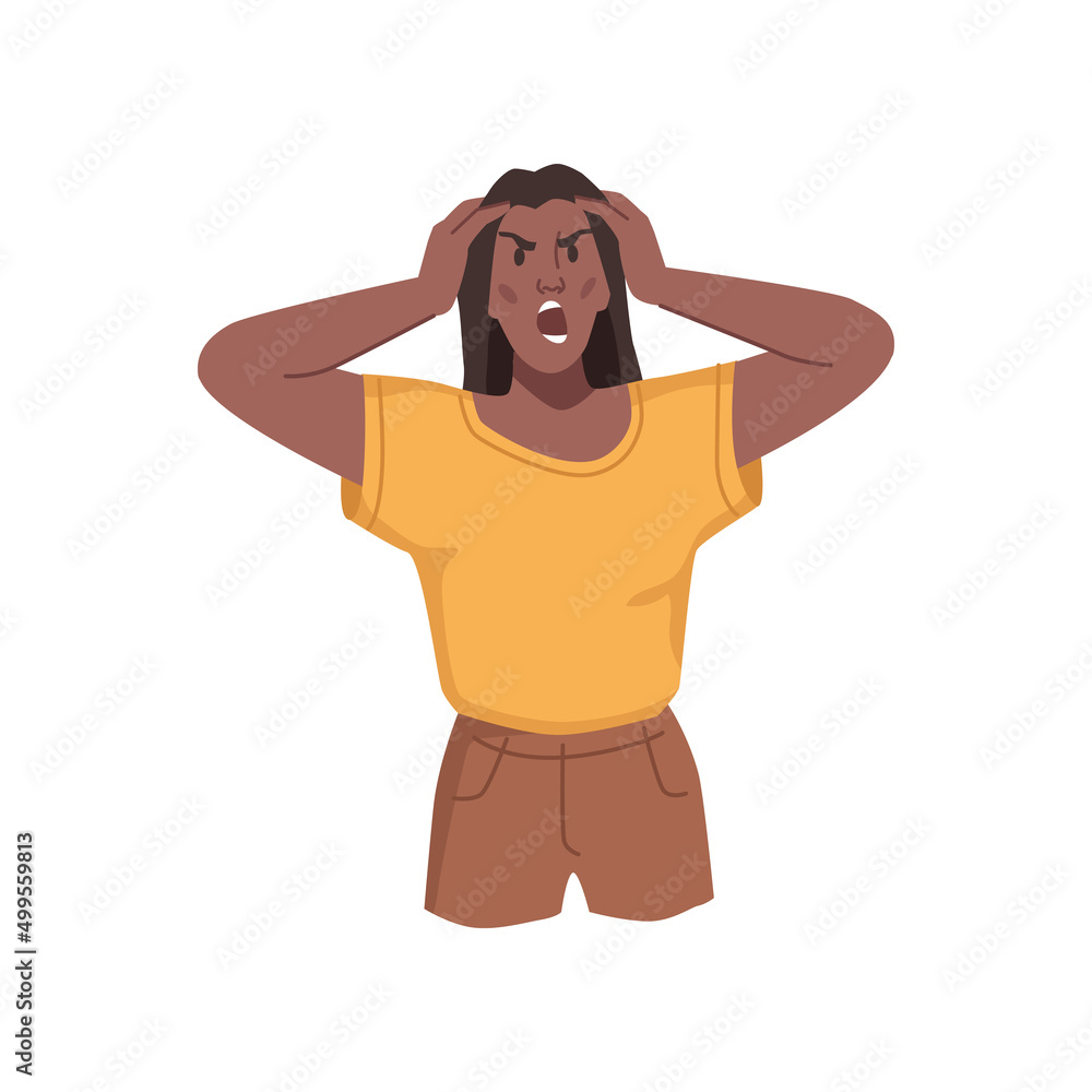 Irritated woman screaming and shouting, holding head with hands going