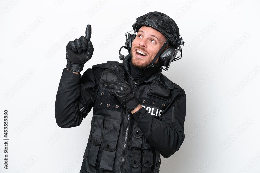 Brazilian soldier man isolated on white background pointing with the index finger a great idea Brazilian soldier man isolated on white background pointing with the index finger a great idea