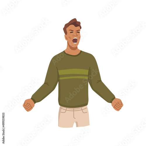 Male personage screaming and shouting, overwhelmed man filled with anger, irritation and annoyance. Vector flat cartoon character. Expression of negative emotions and release of bad thoughts