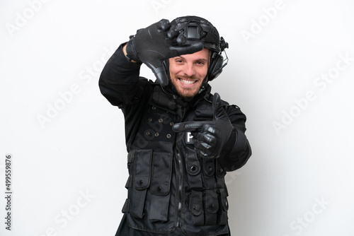 Brazilian soldier man isolated on white background focusing face. Framing symbol