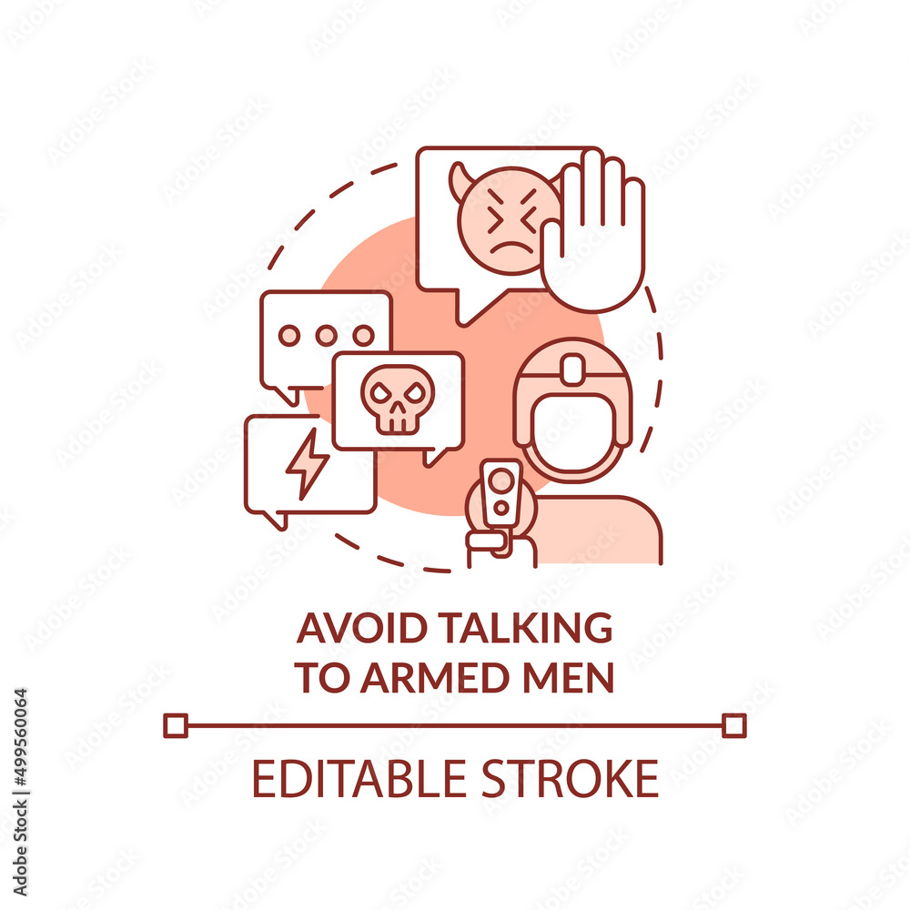 Avoid talking to armed men terracotta concept icon. Dont conflict. Action during war abstract idea thin line illustration. Isolated outline drawing. Editable stroke. Arial, Myriad Pro-Bold fonts used Avoid talking to armed men terracotta concept icon. Dont conflict. Action during war abstract idea thin line illustration. Isolated outline drawing. Editable stroke. Arial, Myriad Pro-Bold fonts used