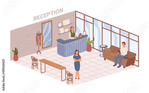 Office interior design and planning, people in reception room. Vector waiting space with comfy sofa for clients, workers greeting customers. Secretary giving appointments to people