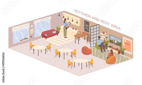 Office interior design and planning, areas for recreation and rest for clients and employees. Vector kitchen with equipment and appliances. TV set and comfy armchairs for sitting and relaxing