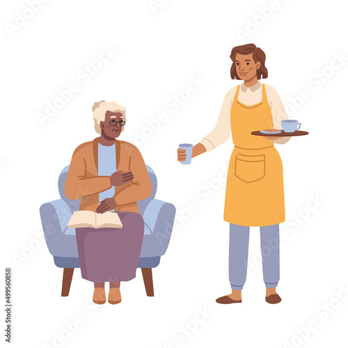 Nursing home and assistance to senior people. Vector flat cartoon character sitting in comfortable chair, reading book. Staff serving food and warm drinks, tasty beverages for old lady
