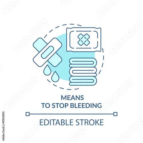 Means to stop bleeding turquoise concept icon. First aid kit. Action during war abstract idea thin line illustration. Isolated outline drawing. Editable stroke. Arial, Myriad Pro-Bold fonts used