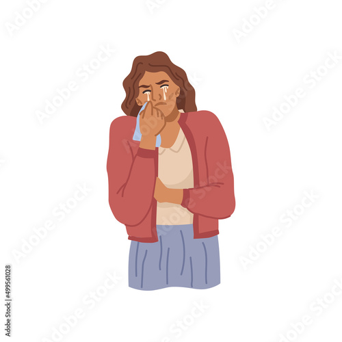 Emotional female personage expressing negative emotions by crying. Vector flat cartoon character, weeping young lady, stressed or depressed person with tears in eyes. Grief or sadness