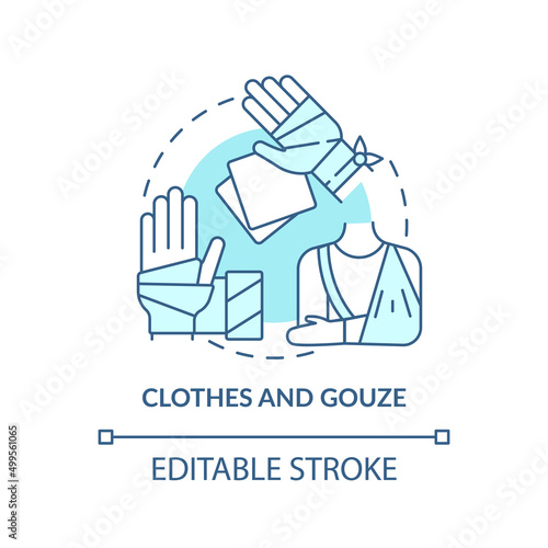 Clothes and gauze turquoise concept icon. First aid kit components. Action during war abstract idea thin line illustration. Isolated outline drawing. Editable stroke. Arial, Myriad Pro-Bold fonts used