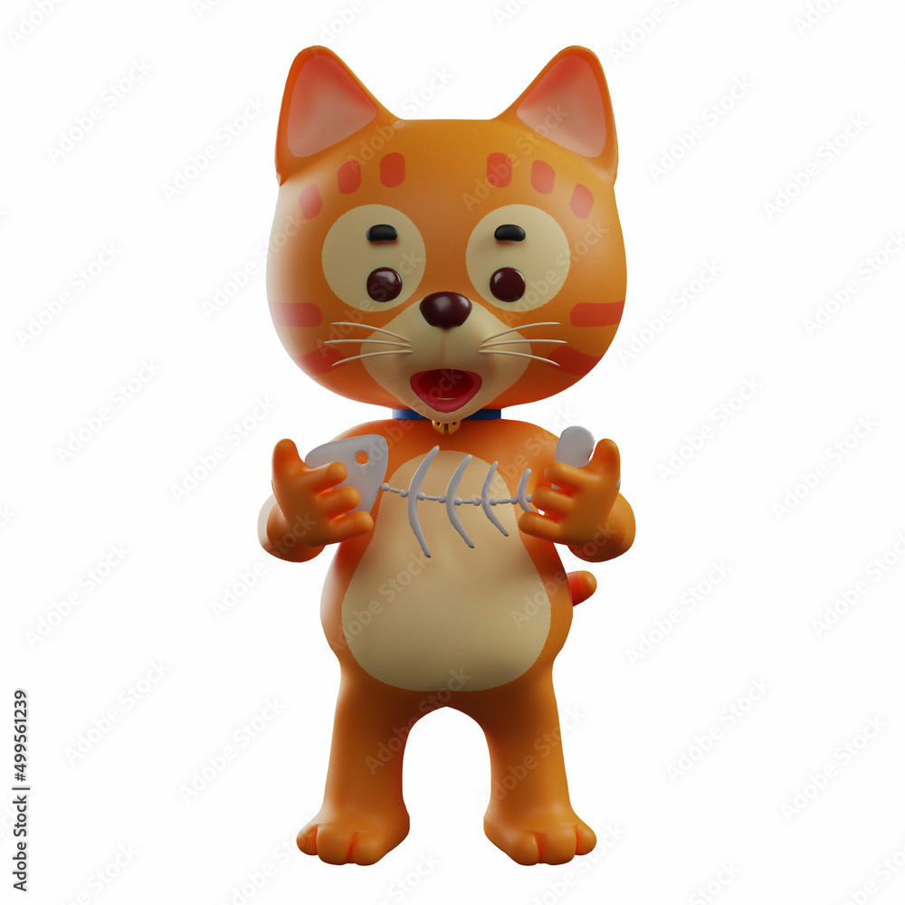 Cute 3D Cat Cartoon having a fishbone Cute 3D Cat Cartoon having a fishbone
