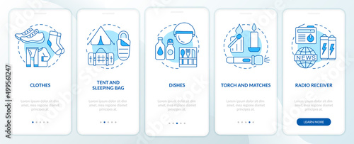 Things to put in surviving backpack blue onboarding mobile app screen. Walkthrough 5 steps graphic instructions pages with linear concepts. UI, UX, GUI template. Myriad Pro-Bold, Regular fonts used
