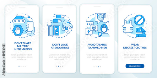 Actions during war for civilians blue onboarding mobile app screen. Walkthrough 4 steps graphic instructions pages with linear concepts. UI, UX, GUI template. Myriad Pro-Bold, Regular fonts used