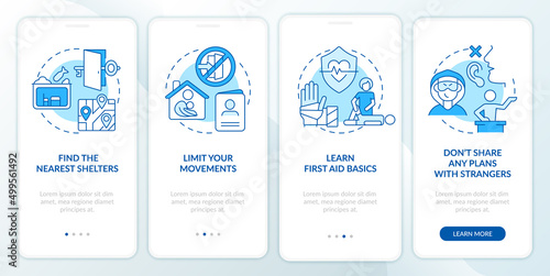 Actions for safety during war blue onboarding mobile app screen. Survive walkthrough 4 steps graphic instructions pages with linear concepts. UI, UX, GUI template. Myriad Pro-Bold, Regular fonts used