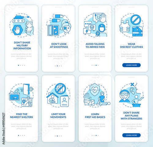 Actions during military conflict blue onboarding mobile app screen set. Walkthrough 4 steps graphic instructions pages with linear concepts. UI, UX, GUI template. Myriad Pro-Bold, Regular fonts used