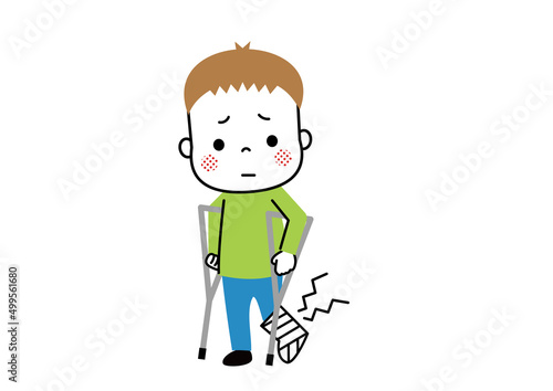 足を骨折して松葉杖をついている男の子