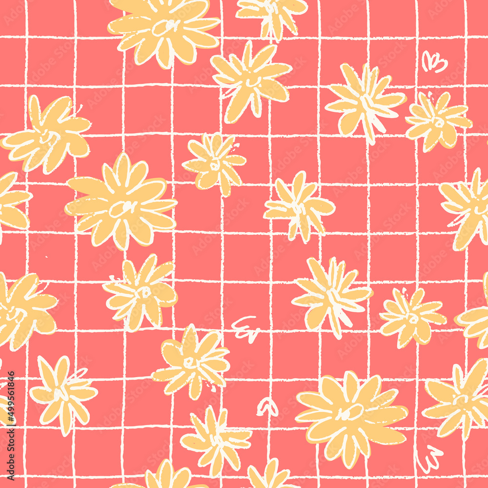 Seamless pattern with hand drawn meadow flowers in Ditzy style with plaid. Outlined illustrations on blue background for surface design and other design projects Seamless pattern with hand drawn meadow flowers in Ditzy style with plaid. Outlined illustrations on blue background for surface design and other design projects