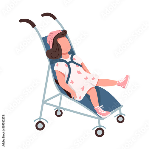 Little girl sitting in stroller toddler semi flat color vector character. Lying figure. Full body person on white. Simple cartoon style illustration for web graphic design and animation
