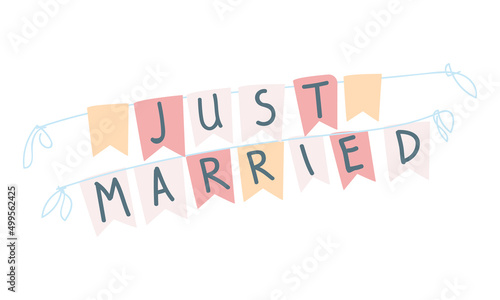Just married decorative party flags semi flat color vector object. Newlywed apartment decoration. Full sized item on white. Simple cartoon style illustration for web graphic design and animation