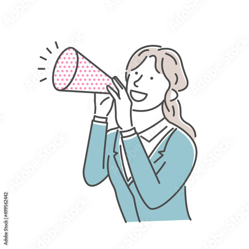 Vector illustration of a young businesswoman making a loud voice using a megaphone