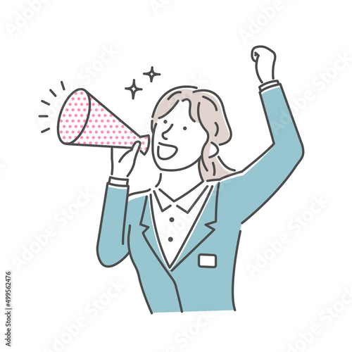 Vector illustration of a young businesswoman making a loud voice using a megaphone