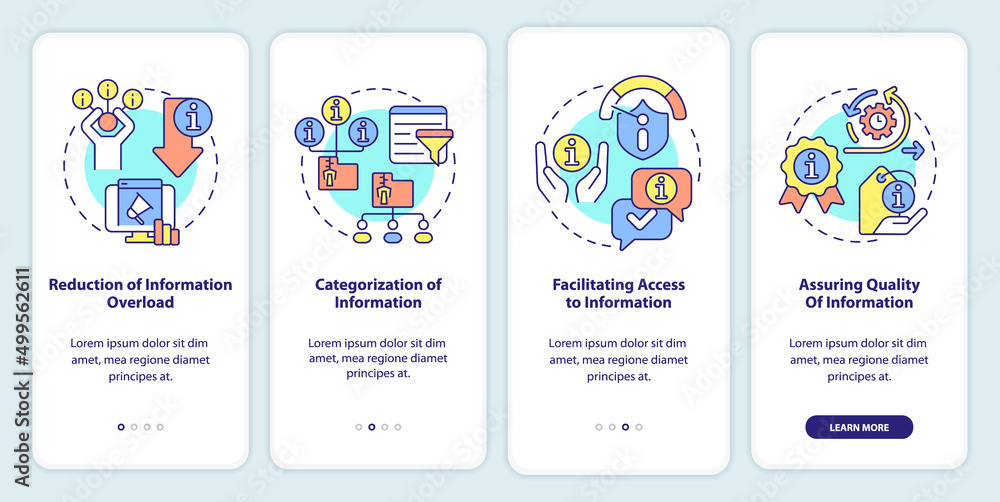 Roles of information industry onboarding mobile app screen. Categorizing walkthrough 4 steps graphic instructions pages with linear concepts. UI, UX, GUI template. Myriad Pro-Bold, Regular fonts used