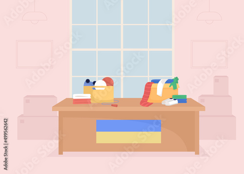 Collecting essential clothing for ukrainian refugees flat color vector illustration. Boxes of items. Humanitarian aid center 2D simple cartoon interior with large window on background
