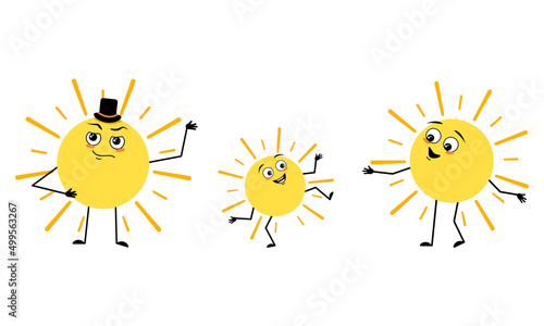 Family of sun character with happy emotions and poses, smile face, happy eyes, arms and legs. Mom is happy, dad is wearing hat and child with dancing pose. Vector flat illustration