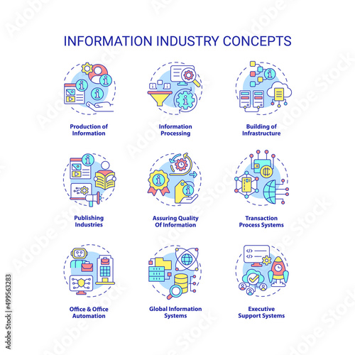 Information industry concept icons set. Production and processing idea thin line color illustrations. Quality of info. Isolated symbols. Editable stroke. Roboto-Medium, Myriad Pro-Bold fonts used