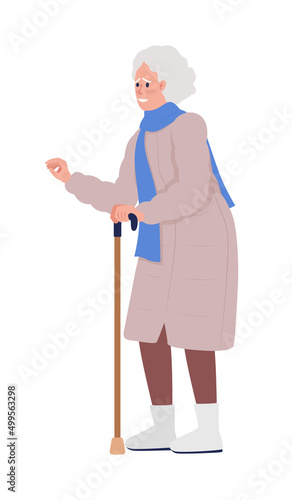 Old woman smiling with gratefulness semi flat color vector character. Standing figure. Full body person on white. Simple cartoon style illustration for web graphic design and animation