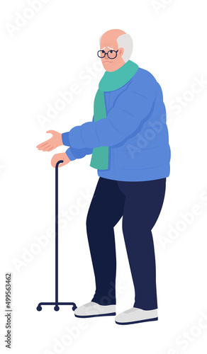 Sad senior man with tripod walking stick semi flat color vector character. Standing figure. Full body person on white. Simple cartoon style illustration for web graphic design and animation