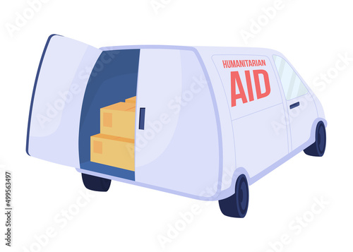 Truck with humanitarian aid semi flat color vector object. Relief cargo. Full sized item on white. Simple cartoon style illustration for web graphic design and animation. Bebas Neue font used